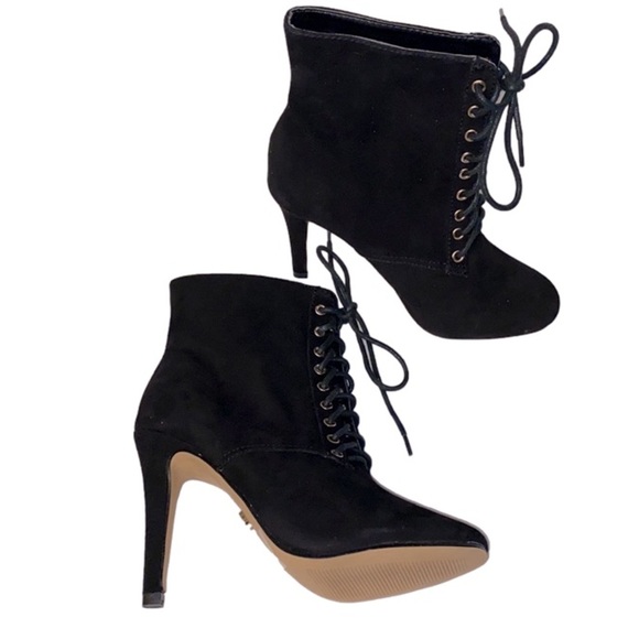 Shoes - BLACK Suede Leather Stiletto Ankle Boot with Laces - Sz 5